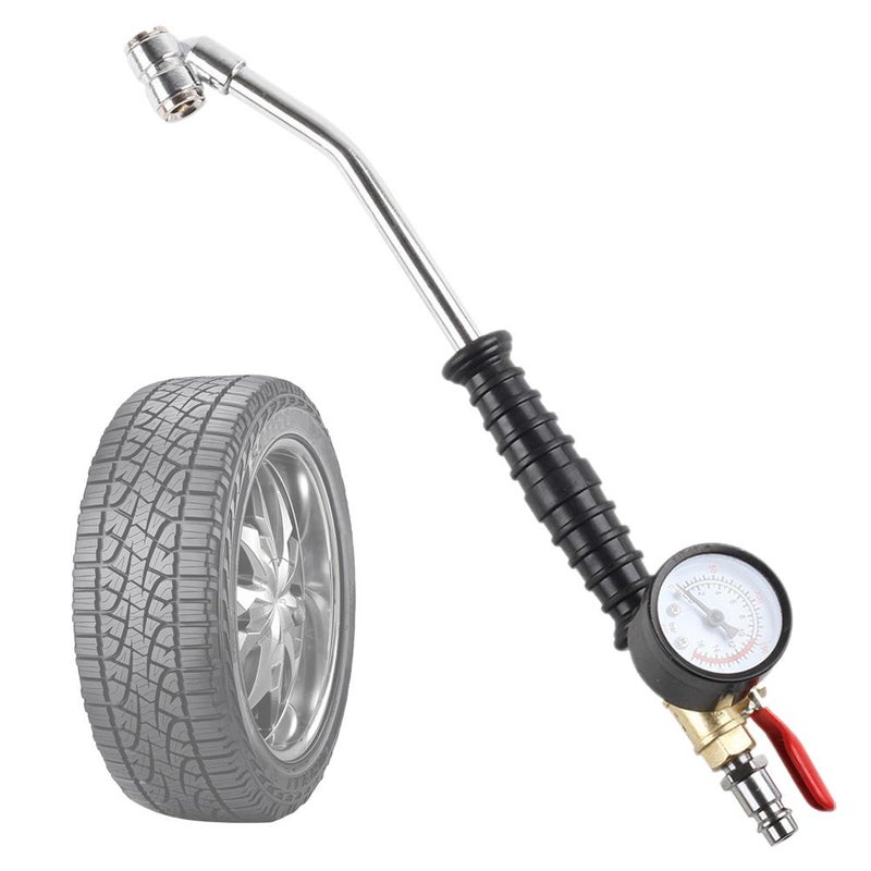 Car tire quick inflator nozzle, extended angled rod with dial indicator, representing European style elbow nozzle.